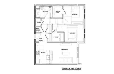 Floor plan for 2 beds, 1 bath, 1005 sqft
